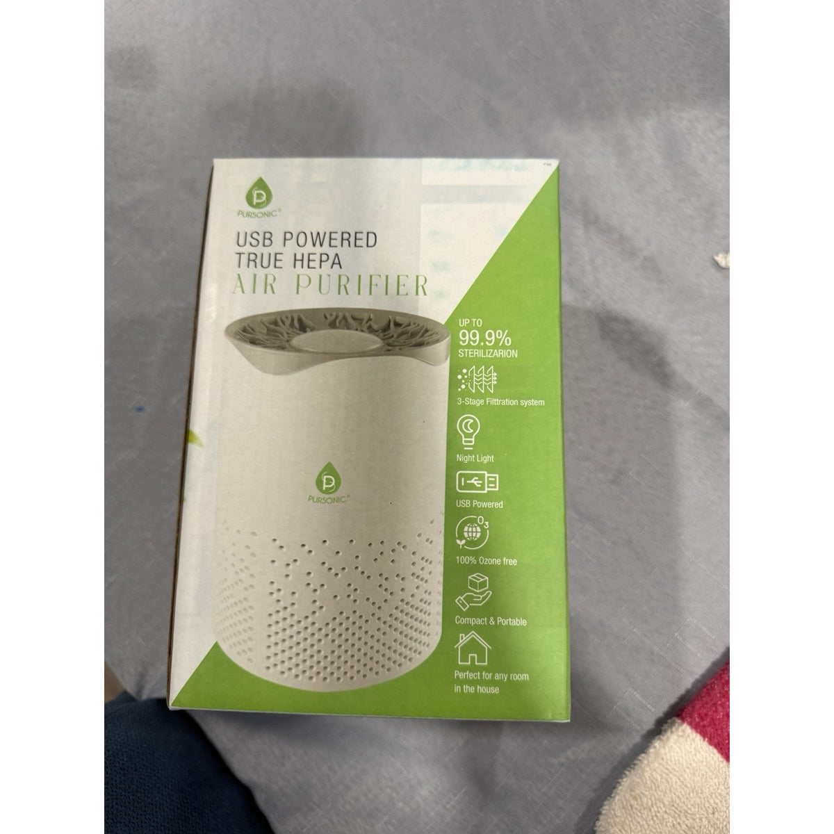 Pursonic USB Powered True HEPA Portable Air Purifier 3-Stage Night Light 100