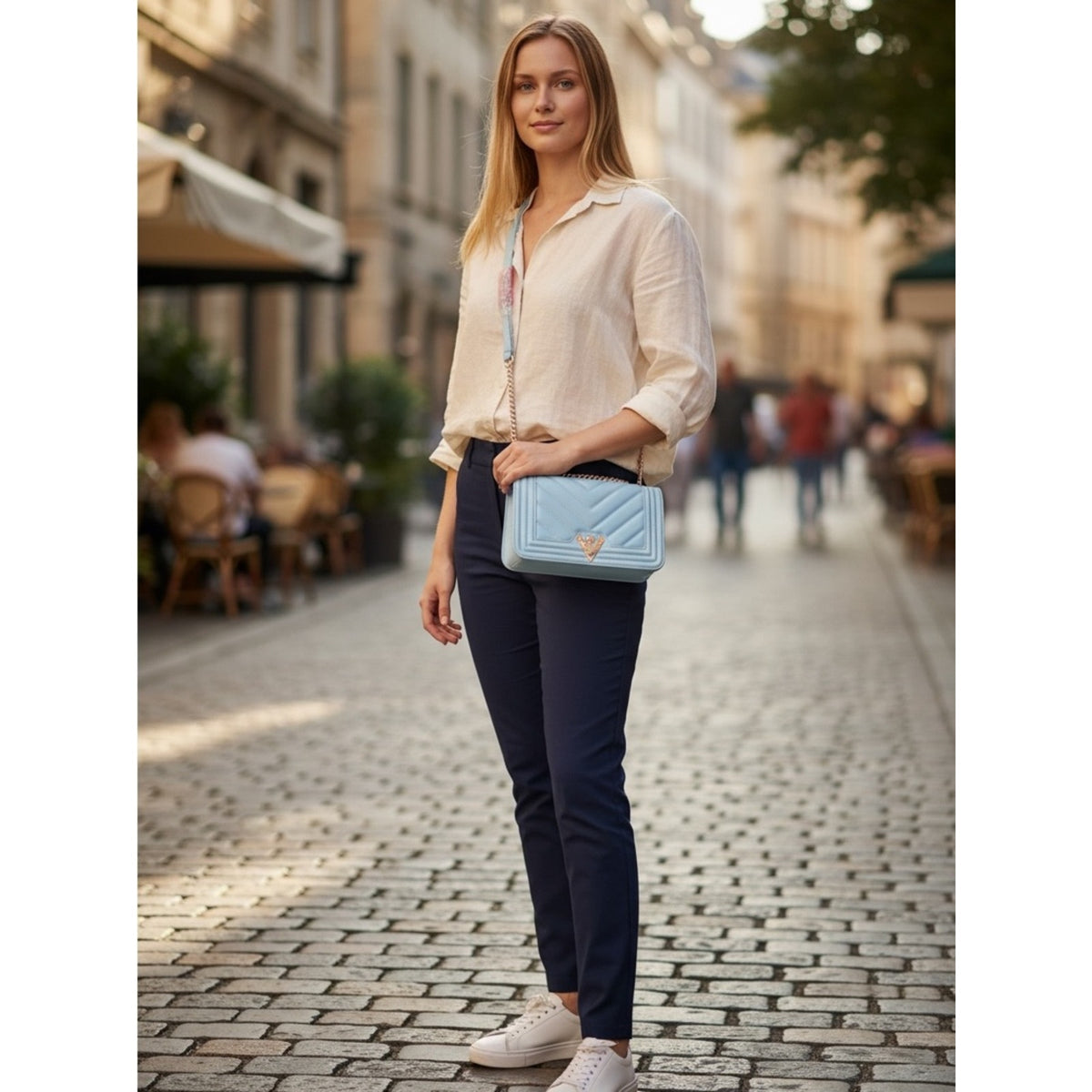 Valentino Orlandi Light Blue Quilted Chain Crossbody Bag