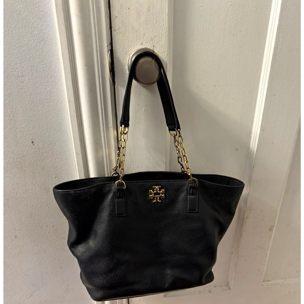 Tory Burch Black Tote Shoulder Bag Gold Chain Straps Open Top Inner Pockets