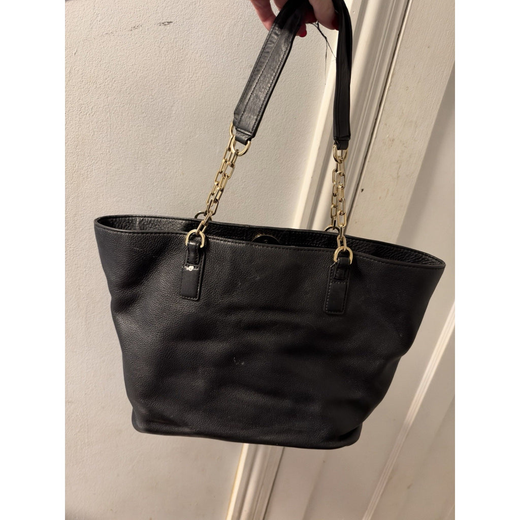 Tory Burch Black Tote Shoulder Bag Gold Chain Straps Open Top Inner Pockets